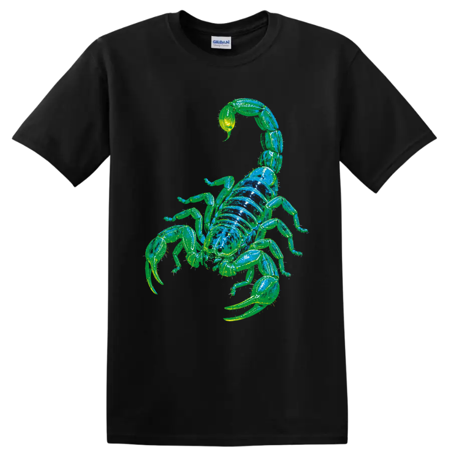 Neon green and blue scorpion arachnid graphic with curled tail and pincers on a Black T Shirt