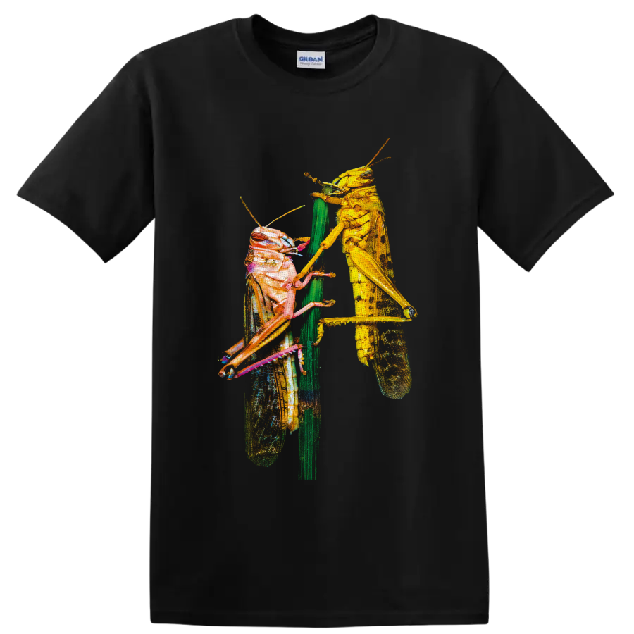 Colorful macro artwork of two grasshoppers facing each other on a green plant stem on a Black T Shirt