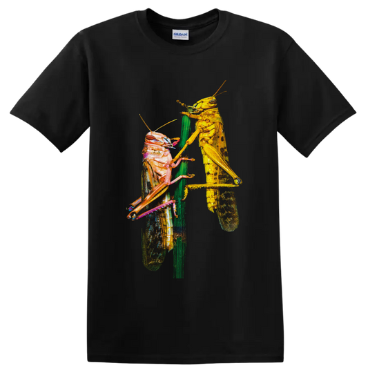 Colorful macro artwork of two grasshoppers facing each other on a green plant stem on a Black T Shirt