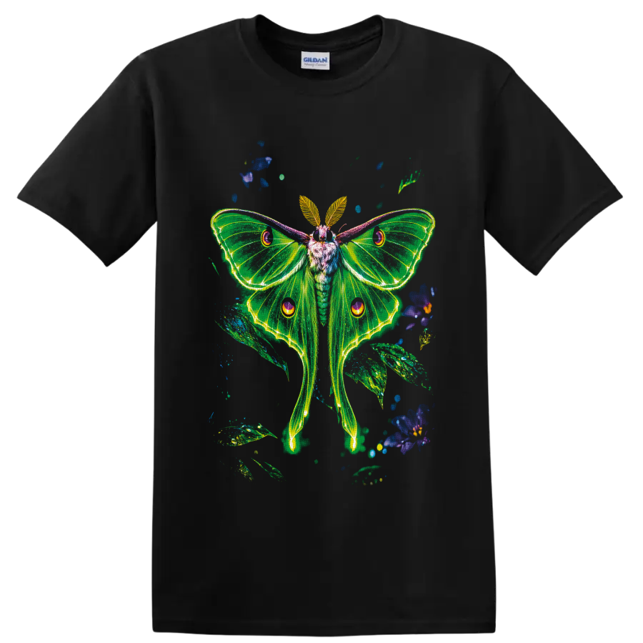 Neon green luna moth with glowing wings, blue flowers, and leafy botanical accents on a Black T Shirt