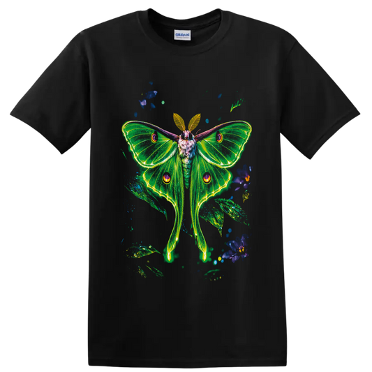 Neon green luna moth with glowing wings, blue flowers, and leafy botanical accents on a Black T Shirt