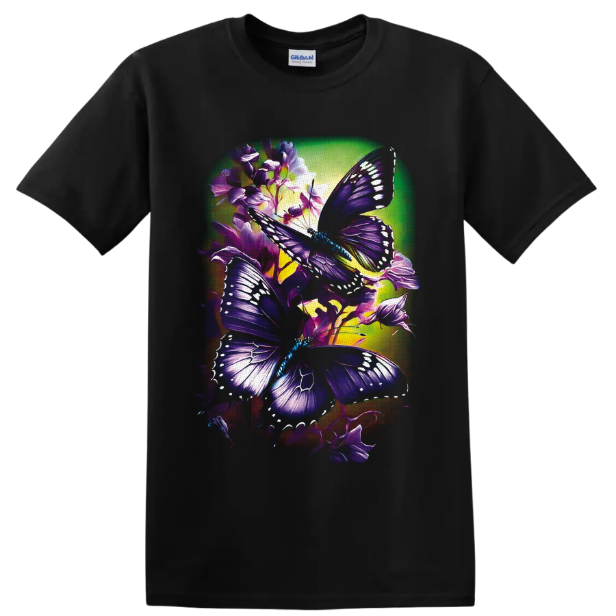 Purple butterflies with white wing markings among violet flowers in luminous garden art on a Black T Shirt
