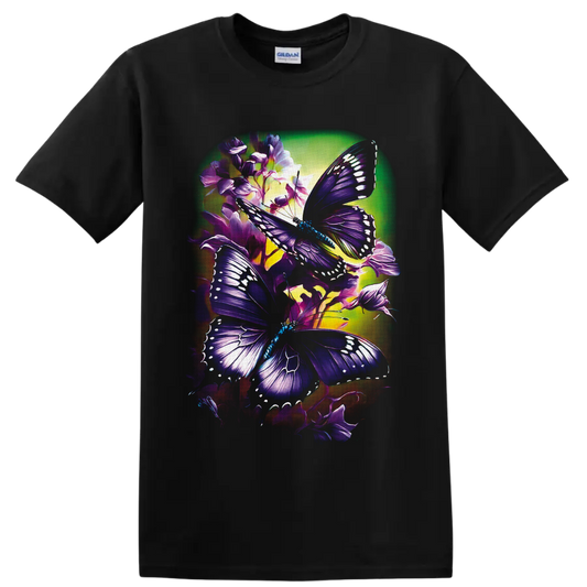 Purple butterflies with white wing markings among violet flowers in luminous garden art on a Black T Shirt