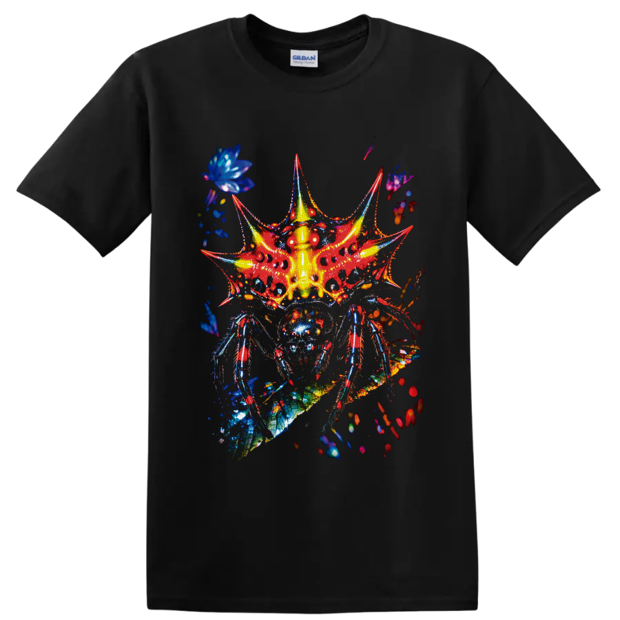 Psychedelic neon fantasy insect with red wings, blue legs, and glowing yellow body on a Black T Shirt