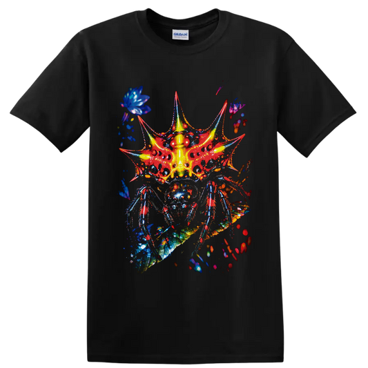 Psychedelic neon fantasy insect with red wings, blue legs, and glowing yellow body on a Black T Shirt
