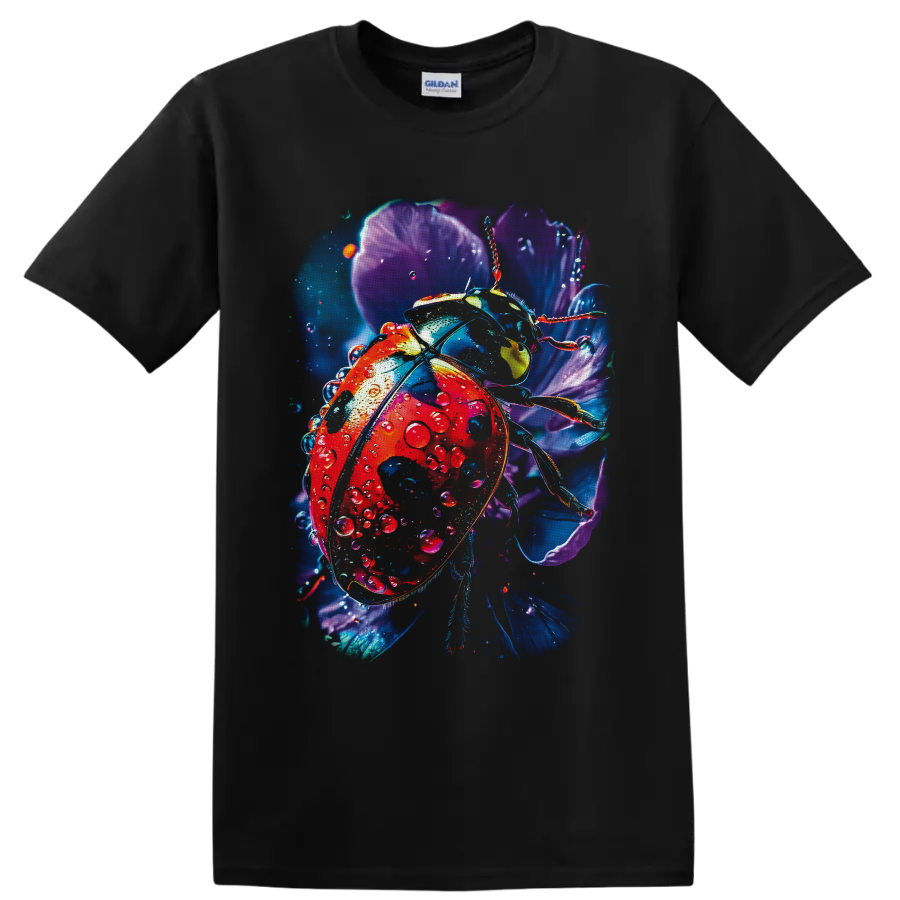 Detailed red ladybug with water droplets among glowing purple and blue flowers on a Black T Shirt