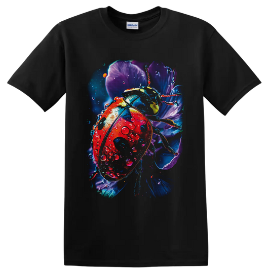Detailed red ladybug with water droplets among glowing purple and blue flowers on a Black T Shirt