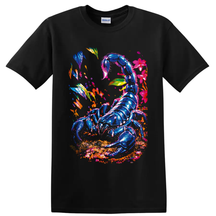 Neon blue scorpion with tropical flowers and leaves in vivid surreal botanical art on a Black T Shirt