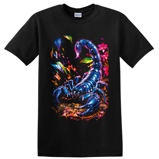 Neon blue scorpion with tropical flowers and leaves in vivid surreal botanical art on a Black T Shirt