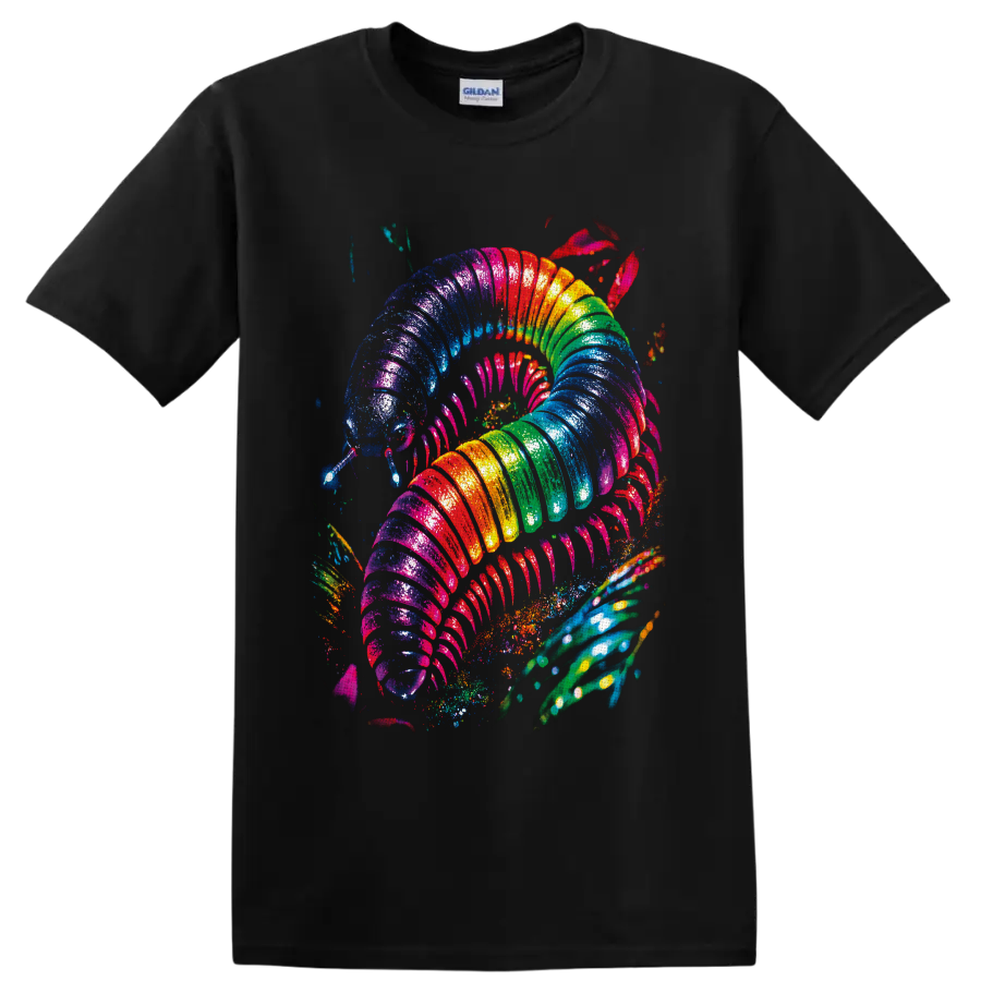 Psychedelic rainbow millipede with glossy segments, many legs, and paint splatters on a Black T Shirt