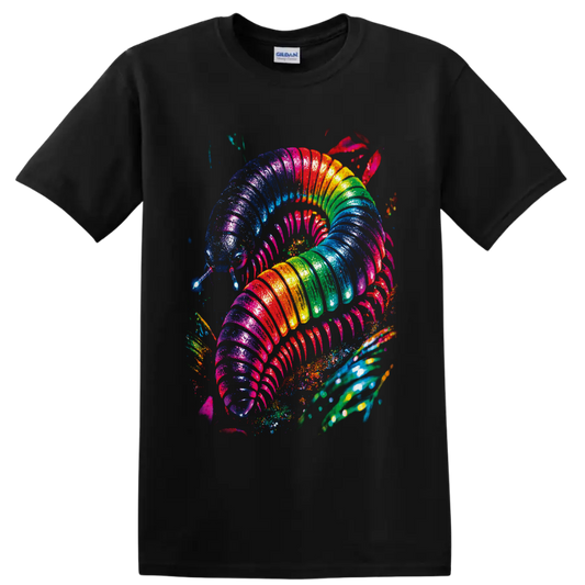 Psychedelic rainbow millipede with glossy segments, many legs, and paint splatters on a Black T Shirt