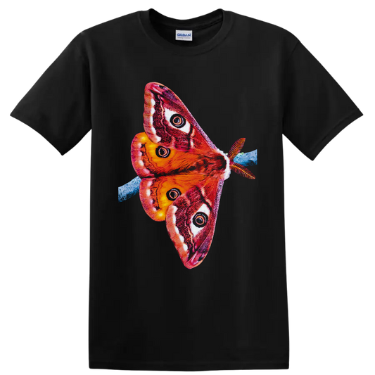 Colorful Cecropia moth illustration with red orange wings, eyespots, and blue branch on a Black T Shirt