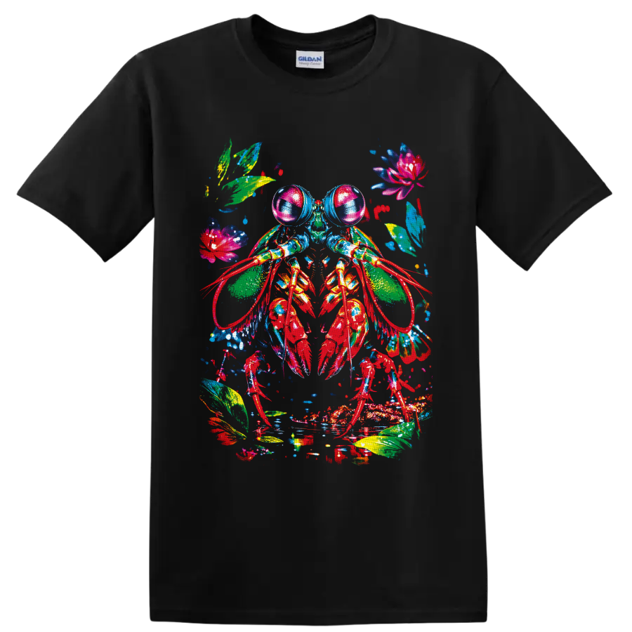 Colorful watercolor crayfish with tropical leaves, flowers, and paint splashes on a Black T Shirt