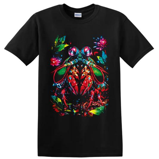 Colorful watercolor crayfish with tropical leaves, flowers, and paint splashes on a Black T Shirt