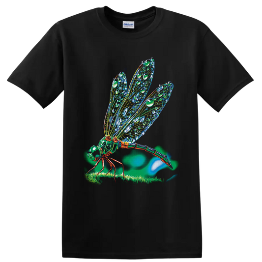Colorful detailed cicada illustration with patterned wings, grass, and glowing nature on a Black T Shirt