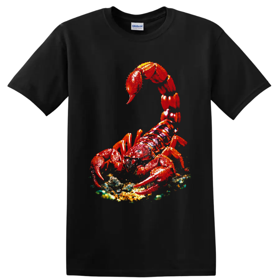Vivid red lobster with raised claws on a textured ocean-floor graphic on a Black T Shirt