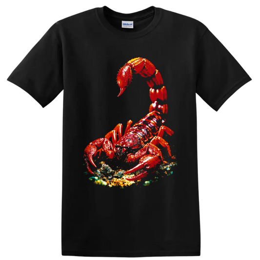 Vivid red lobster with raised claws on a textured ocean-floor graphic on a Black T Shirt