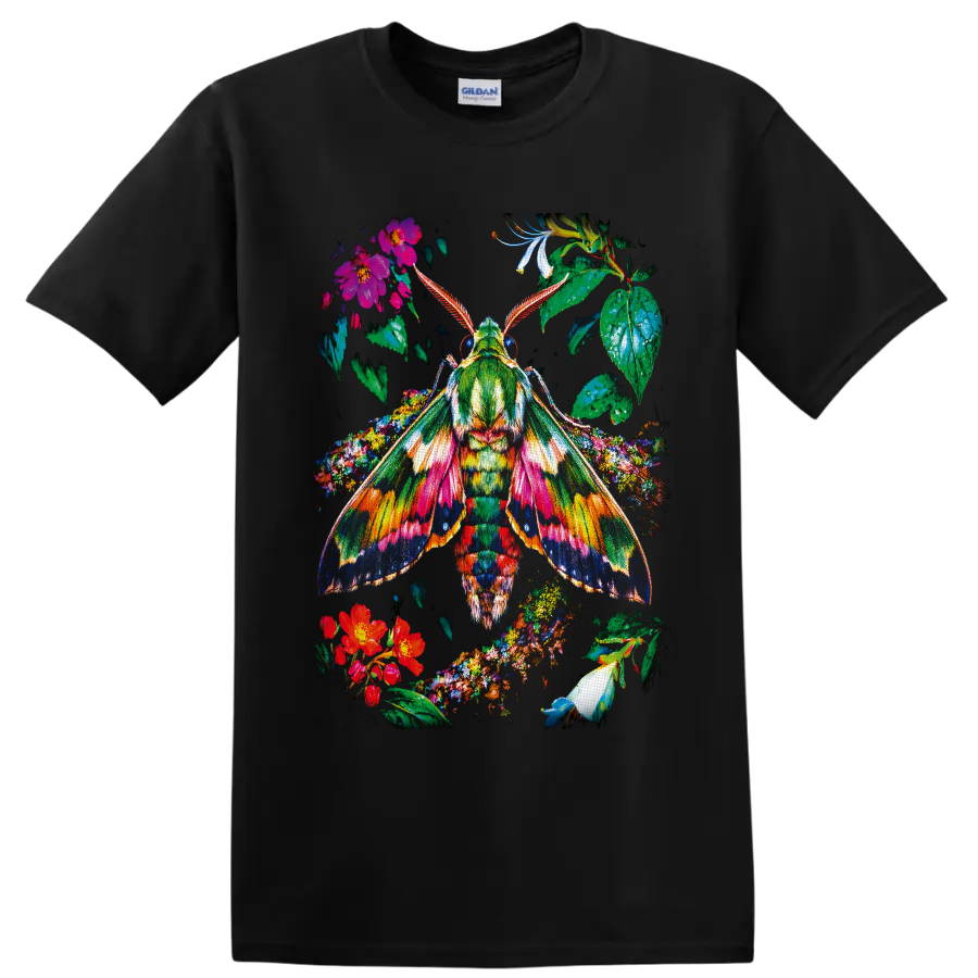Colorful botanical moth with patterned wings, tropical flowers, and lush leaves on a Black T Shirt