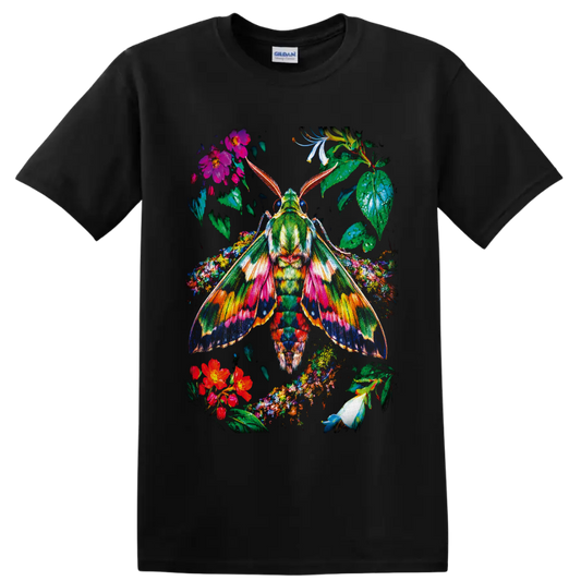 Colorful botanical moth with patterned wings, tropical flowers, and lush leaves on a Black T Shirt