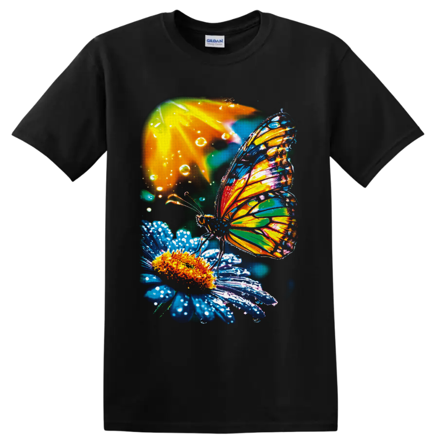 Colorful butterfly with jewel-toned wings resting on a blue flower with water droplets on a Black T Shirt
