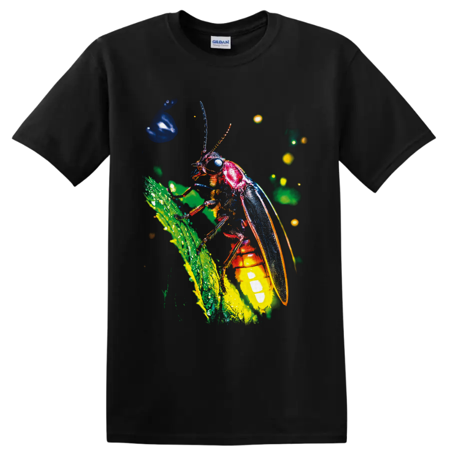 Neon-style firefly with blue wings and glowing abdomen on a green stem on a Black T Shirt