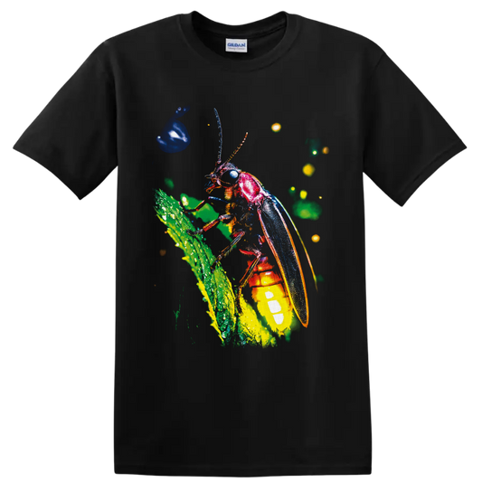 Neon-style firefly with blue wings and glowing abdomen on a green stem on a Black T Shirt