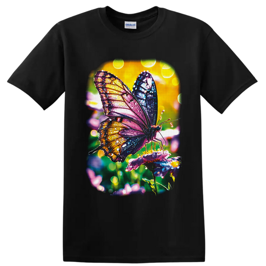 Colorful butterfly on a pink flower with jewel-tone wings and glowing garden bokeh on a Black T Shirt
