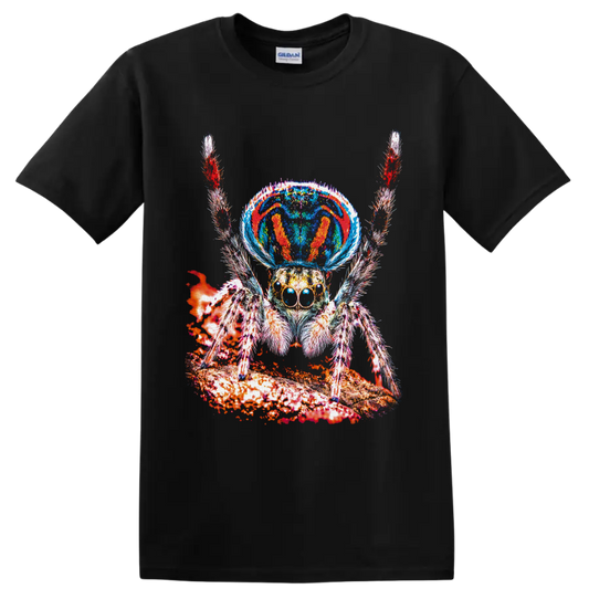Psychedelic jumping spider with mushroom-inspired cap and vivid textured woodland art on a Black T Shirt