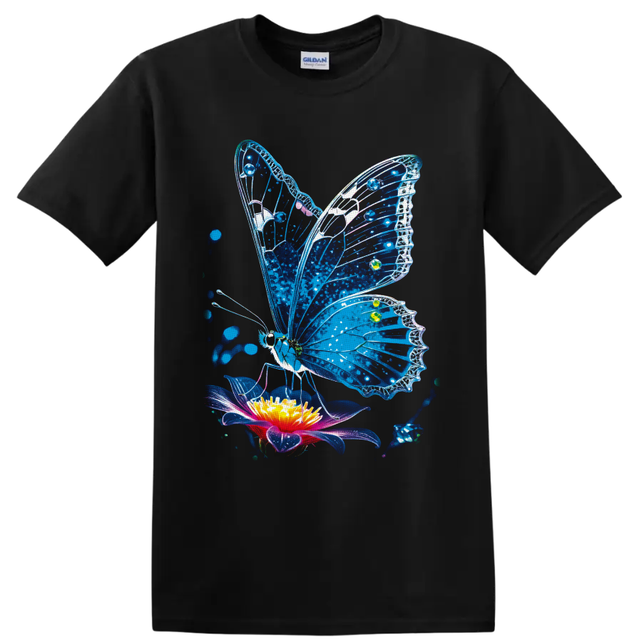 Blue stained-glass-style butterfly above a glowing flower with blue splatter accents on a Black T Shirt