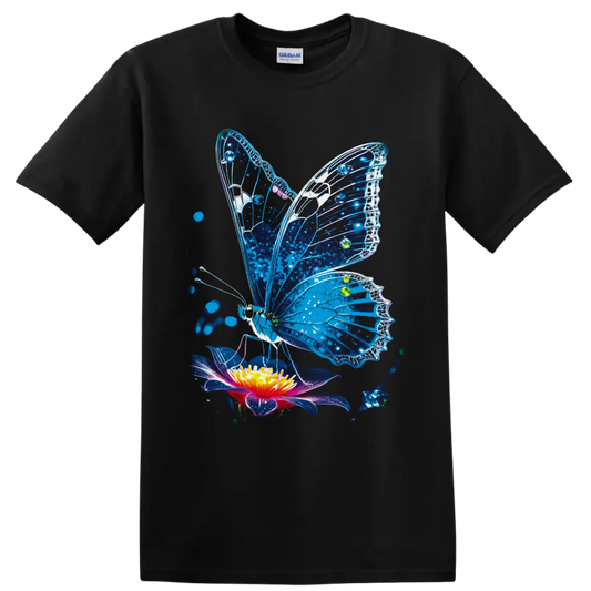 Blue stained-glass-style butterfly above a glowing flower with blue splatter accents on a Black T Shirt