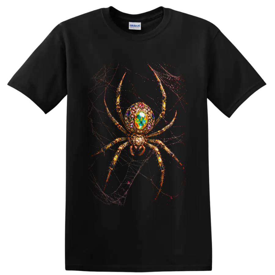 Ornate jeweled golden spider with colorful crystal body on a tangled gothic web on a Black T Shirt