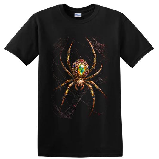 Ornate jeweled golden spider with colorful crystal body on a tangled gothic web on a Black T Shirt
