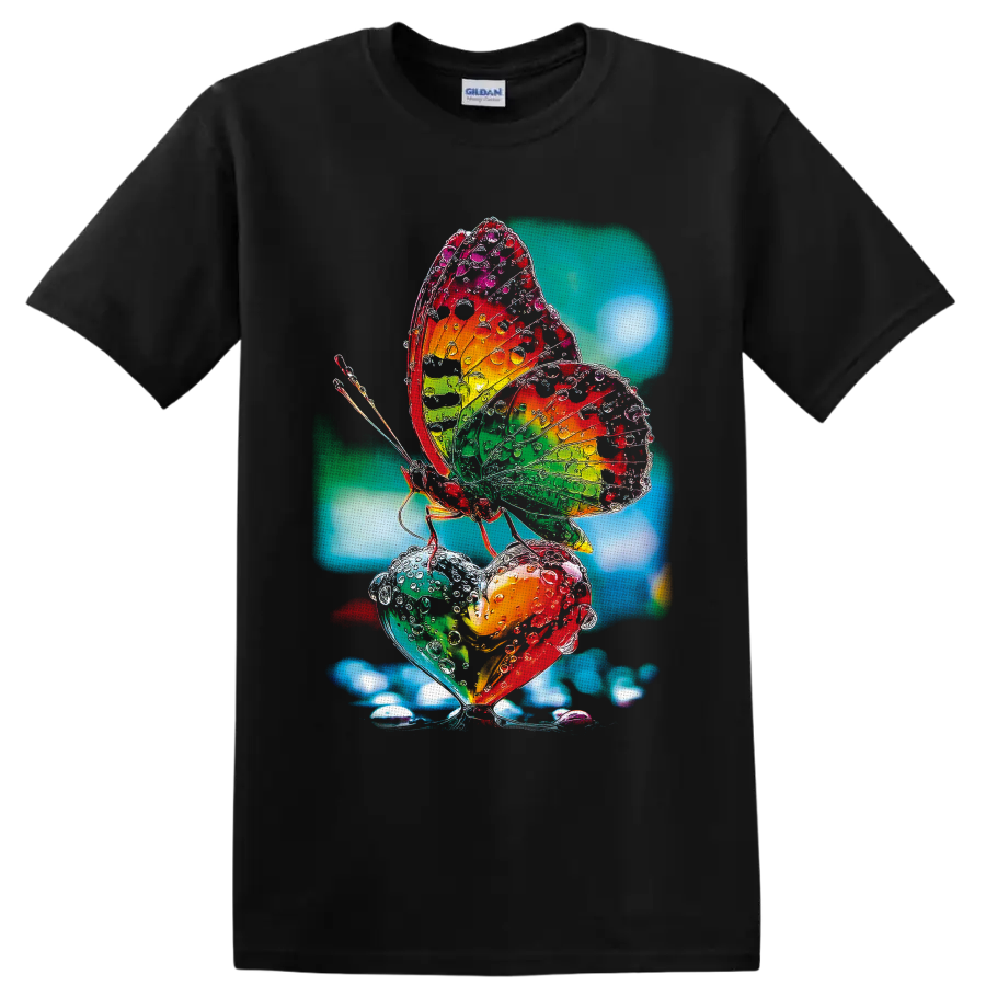 Rainbow butterfly with water droplets over heart-shaped botanical art on a Black T Shirt