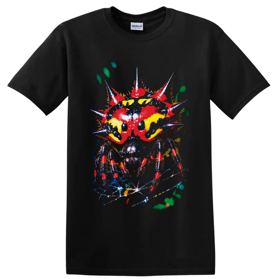 Surreal neon spiked insect with yellow eyes and distressed punk-style details on a Black T Shirt