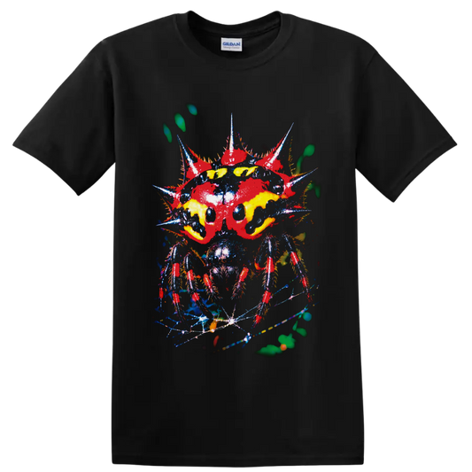 Surreal neon spiked insect with yellow eyes and distressed punk-style details on a Black T Shirt