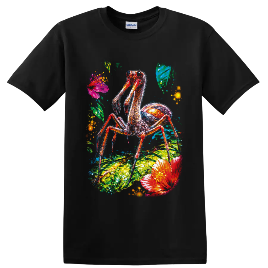 Neon camel spider arachnid on tropical leaf with vivid flowers and glowing accents on a Black T Shirt