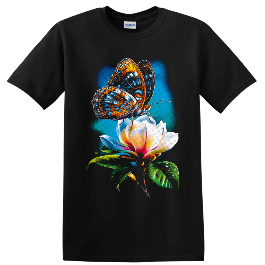 Colorful blue and orange butterfly on a white pink flower in luminous botanical art on a Black T Shirt