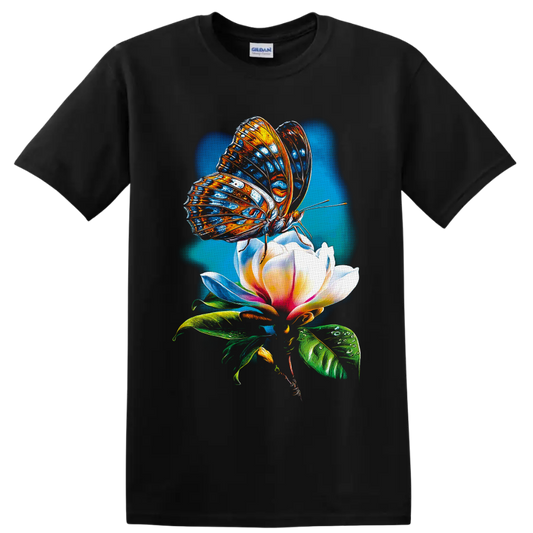 Colorful blue and orange butterfly on a white pink flower in luminous botanical art on a Black T Shirt