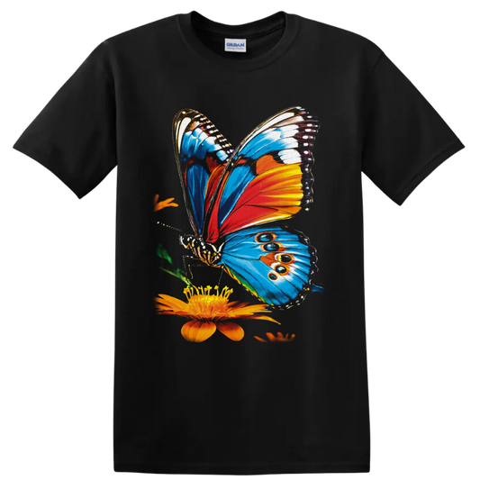 Colorful blue and orange butterfly illustration beside an orange flower on a Black T Shirt