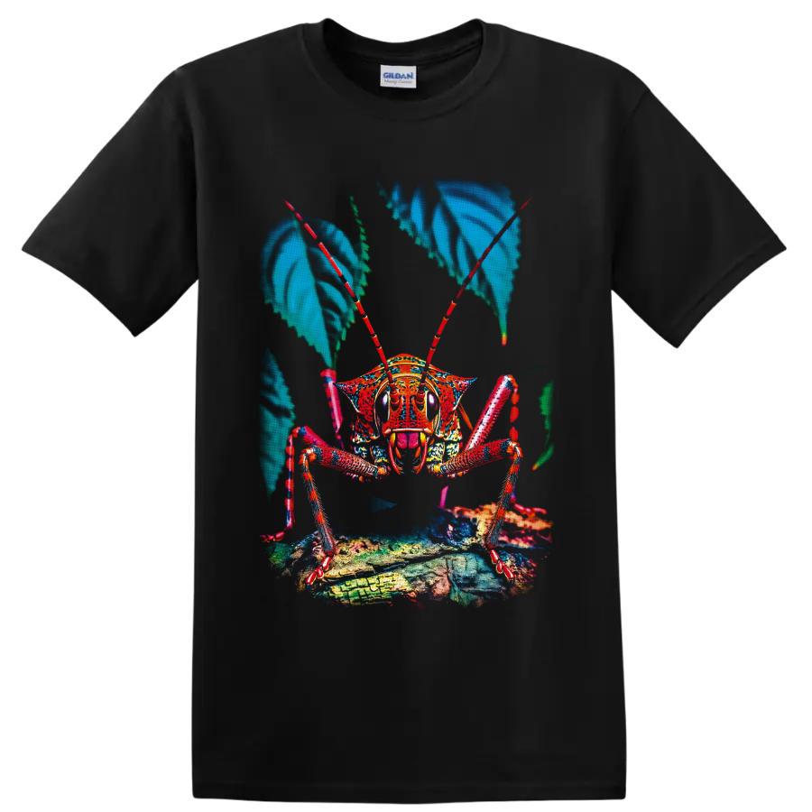 Colorful macro grasshopper illustration with red antennae, blue leaves, and textured on a Black T Shirt