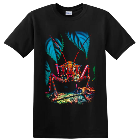 Colorful macro grasshopper illustration with red antennae, blue leaves, and textured on a Black T Shirt