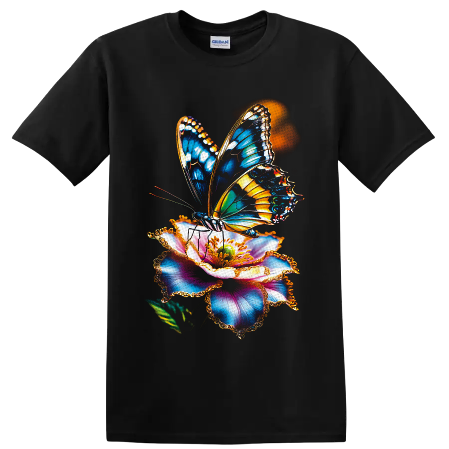 Colorful blue and orange butterfly on a multicolored flower botanical graphic on a Black T Shirt