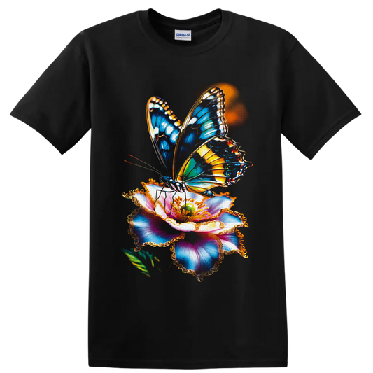 Colorful blue and orange butterfly on a multicolored flower botanical graphic on a Black T Shirt
