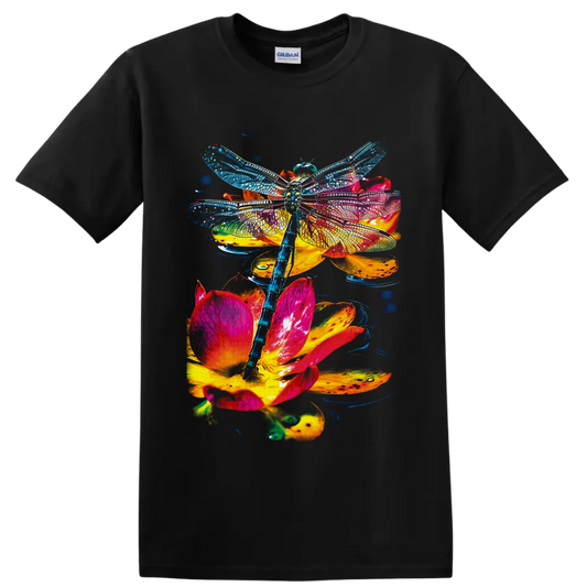 Rainbow dragonfly with detailed wings over vivid pink, orange, and yellow flowers on a Black T Shirt