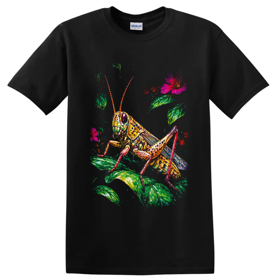 Colorful grasshopper illustration with lush leaves, red blossoms, and a pink flower on a Black T Shirt