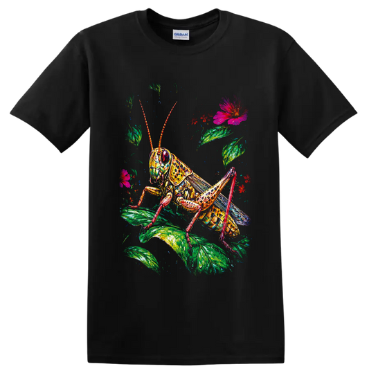Colorful grasshopper illustration with lush leaves, red blossoms, and a pink flower on a Black T Shirt