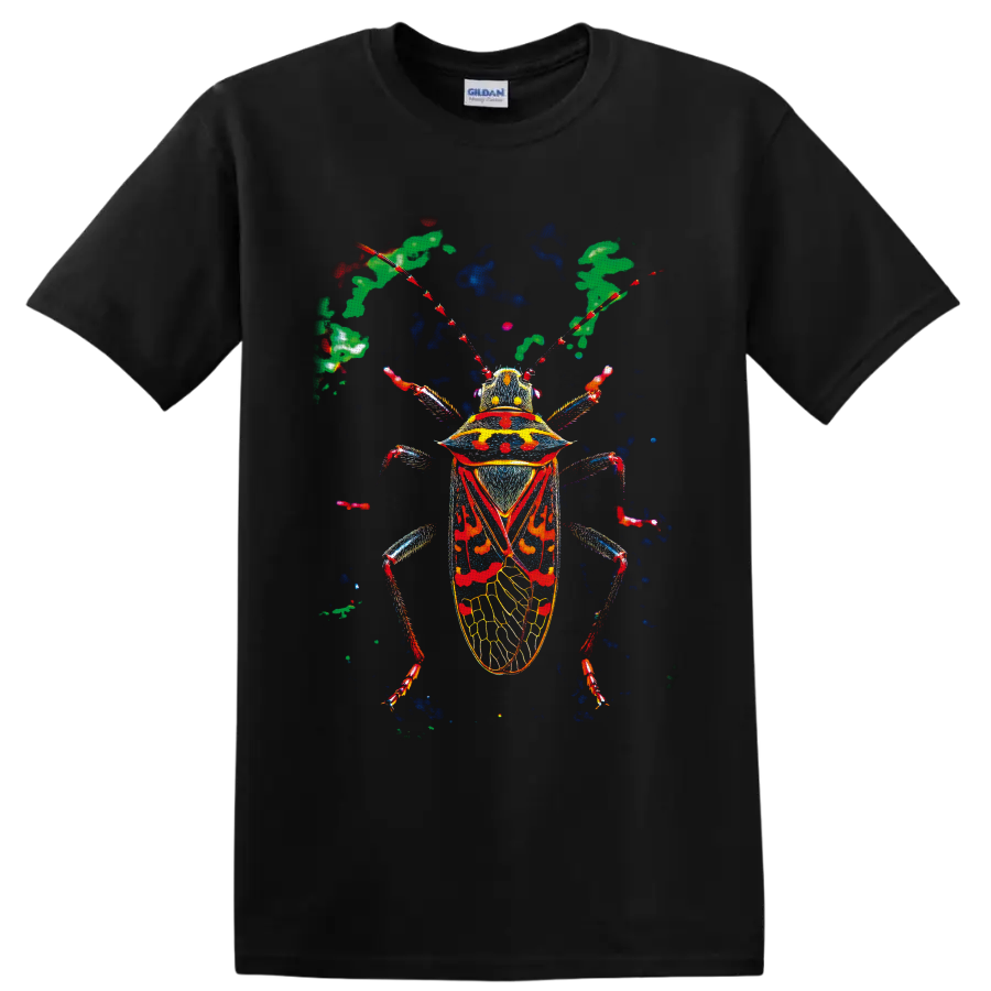 Vibrant anatomical beetle illustration with red, blue, yellow, and green details on a Black T Shirt