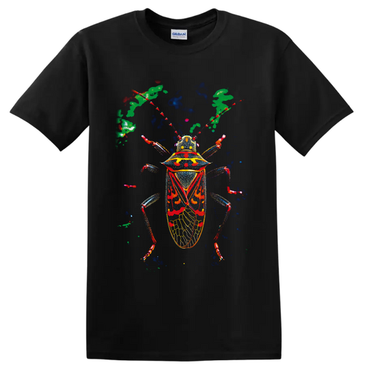 Vibrant anatomical beetle illustration with red, blue, yellow, and green details on a Black T Shirt