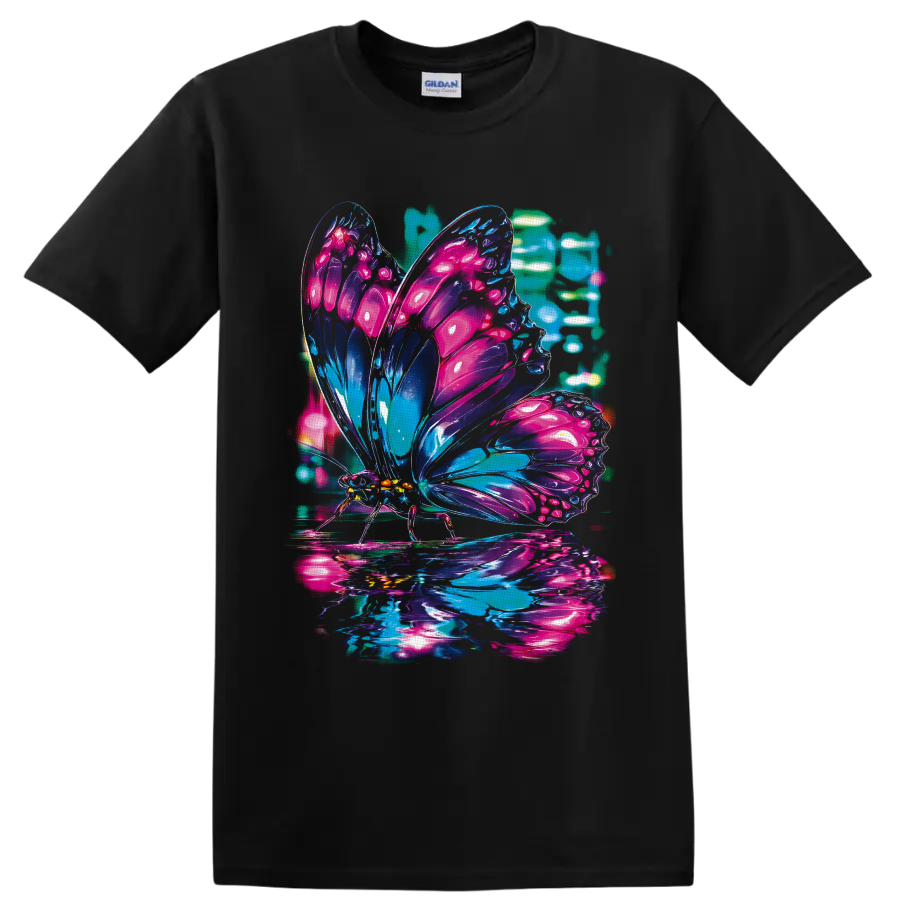 Neon butterfly with glossy pink, purple, blue, and teal cyberpunk glass wings on a Black T Shirt