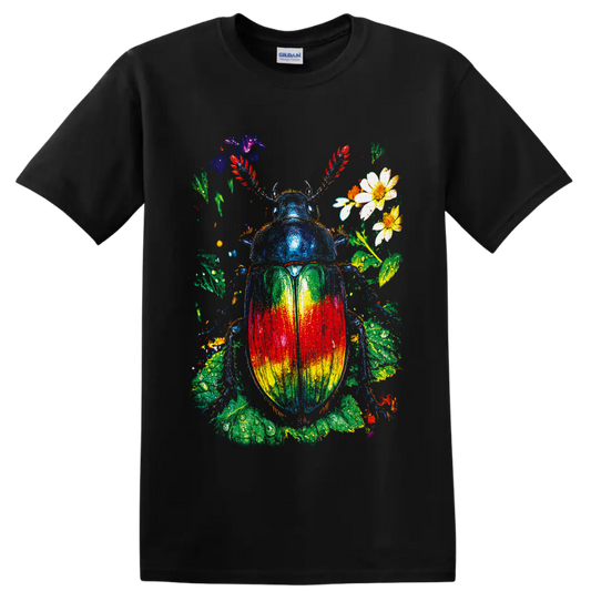 Rainbow scarab beetle with flowers and leafy botanical paint-splatter art on a Black T Shirt